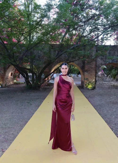 Burgundy One-Shoulder Satin Evening Gown