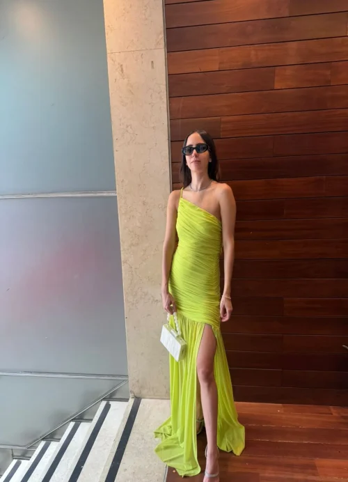 Lime Draped One-Shoulder Dress
