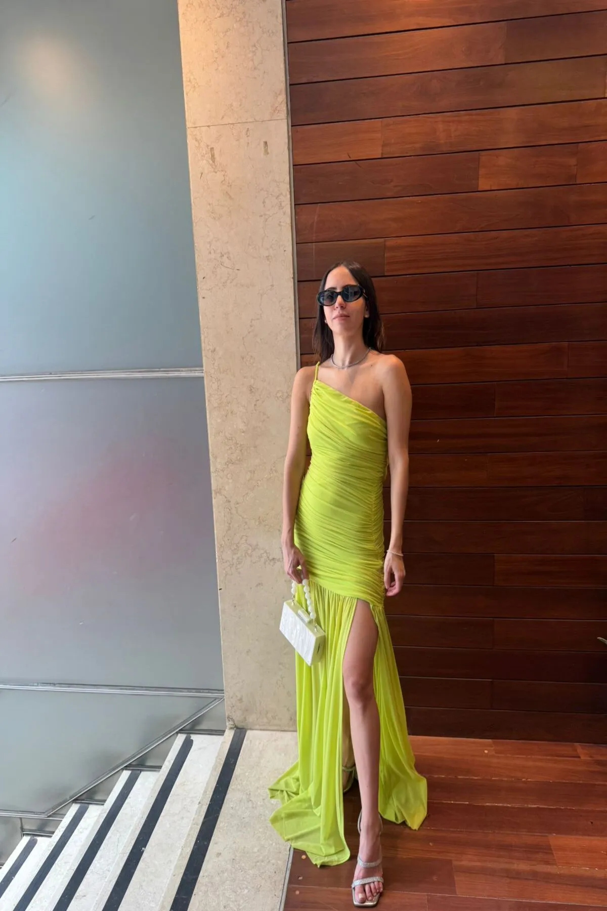 Lime Draped One-Shoulder Dress