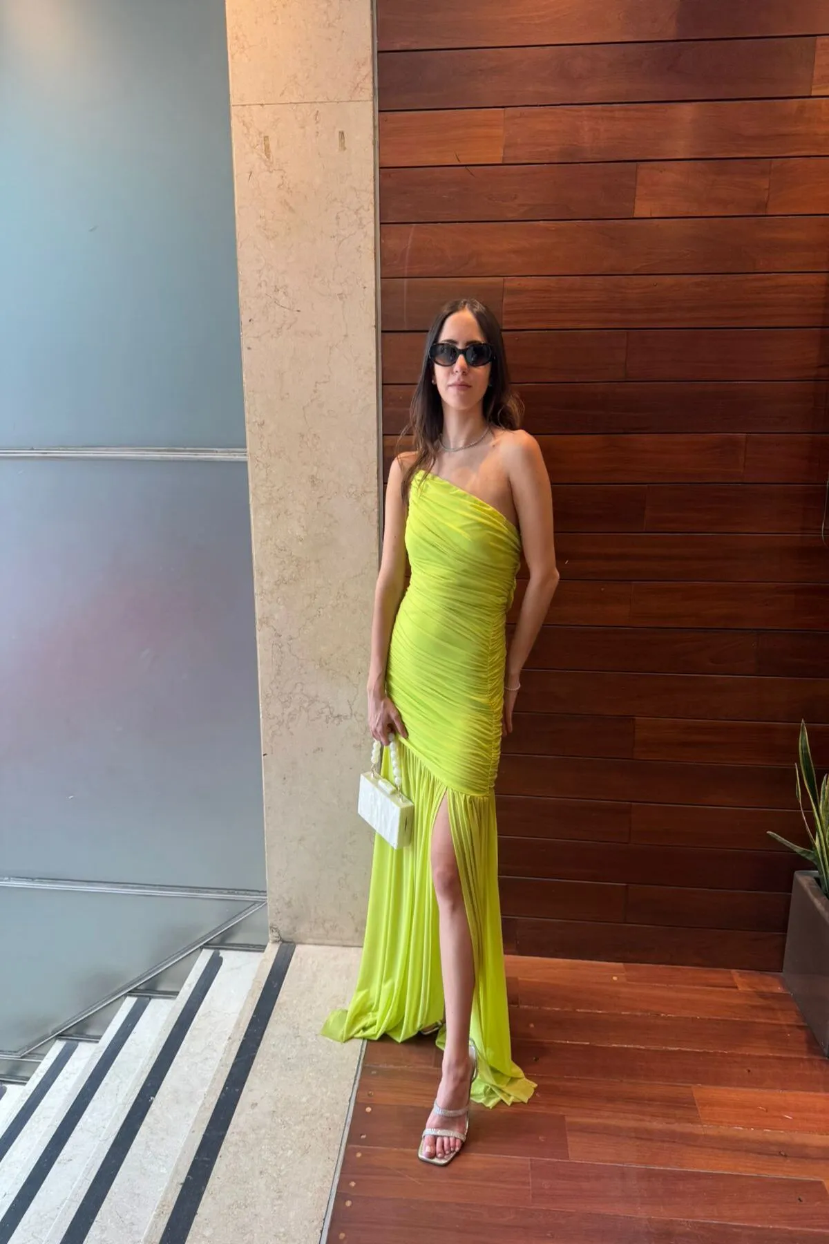Lime Draped One-Shoulder Dress