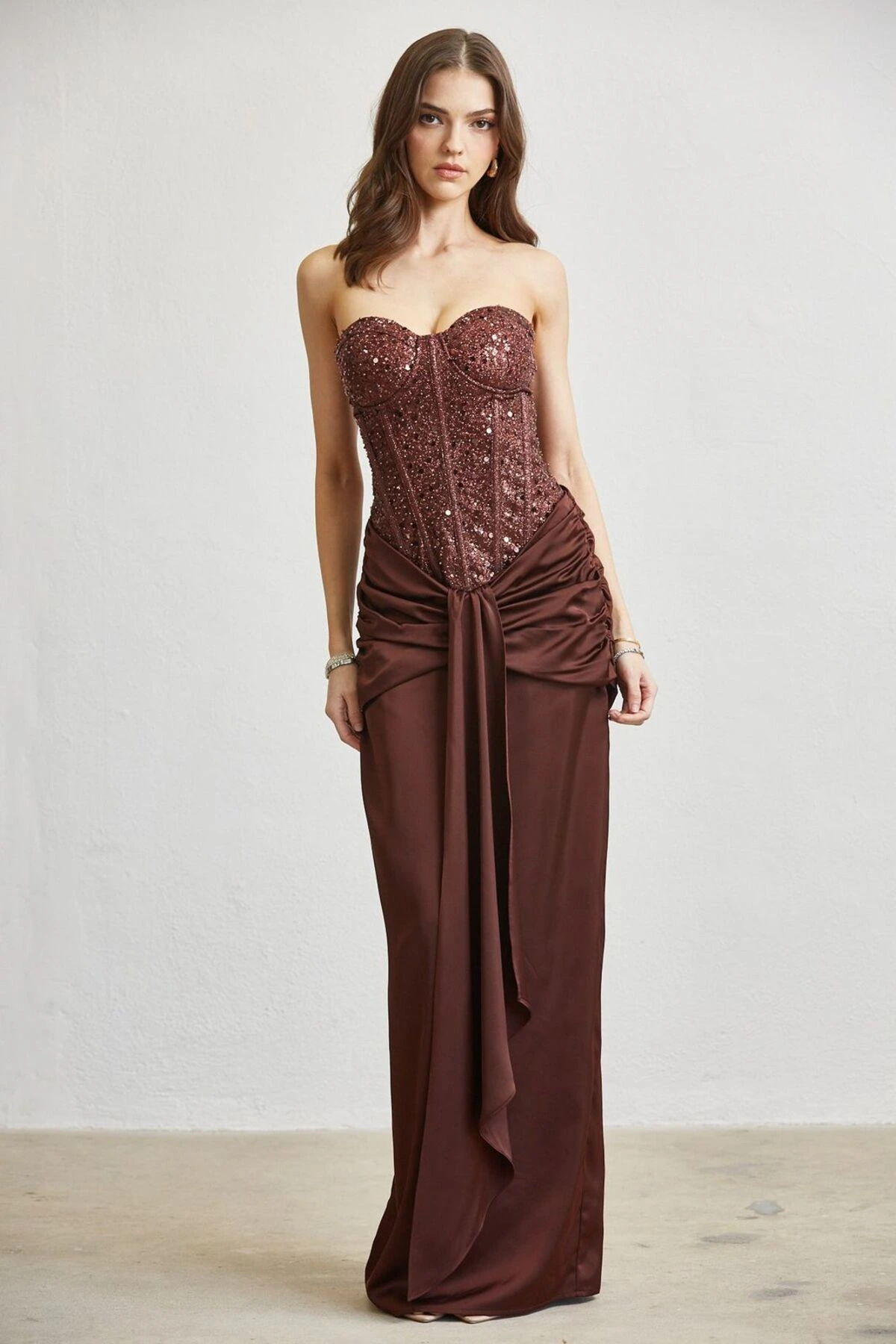 Brown Strapless Sequin Corset Evening Gown