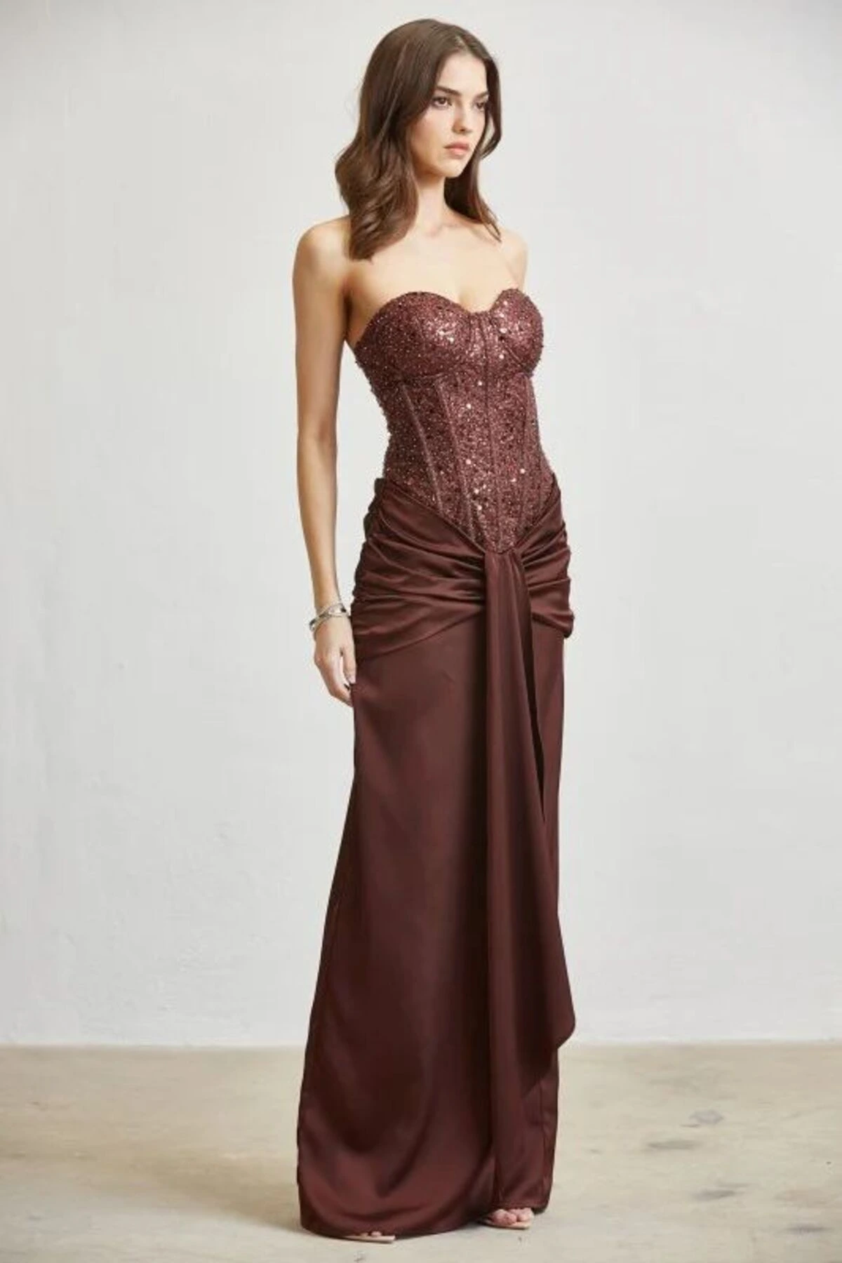 Brown Strapless Sequin Corset Evening Gown