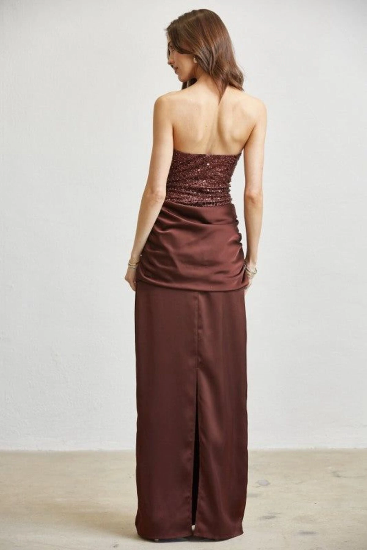 Brown Strapless Sequin Corset Evening Gown