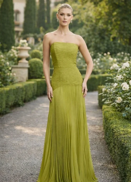 Lime Green Strapless Pleated Evening Gown.