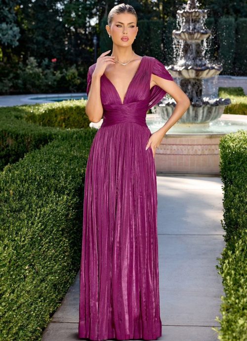 Magenta Pleated Deep V-Neck Evening Gown