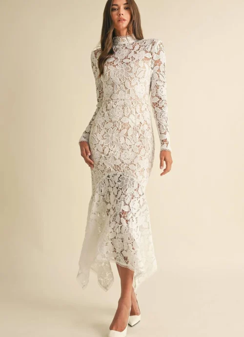 Aurelia" High-Neck Lace Handkerchief Maxi Dress