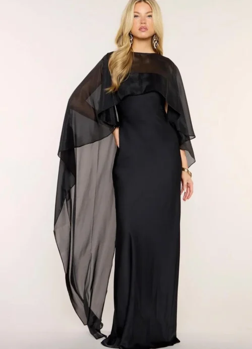Satin Maxi Dress with Asymmetric Chiffon Cape Overlay