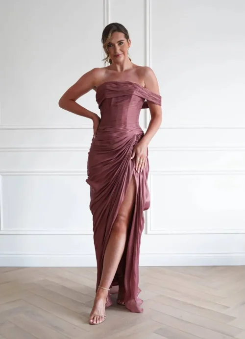 Pale pink Strapless Draped Maxi Dress with High Slit