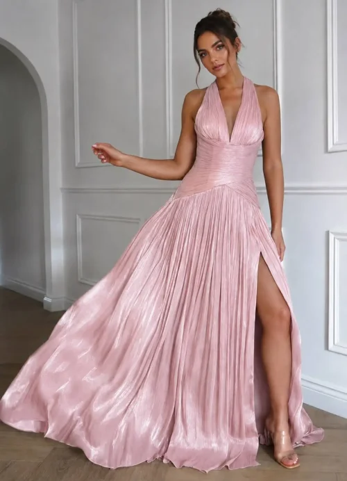 Blush Pleated Halter Gown